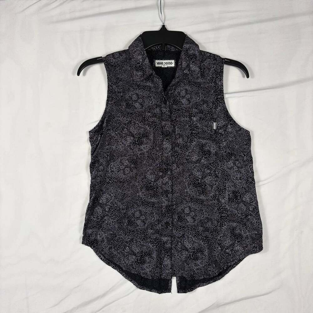 Vans Black White Dot Print Sleeveless Button Up Shirt Blouse XS